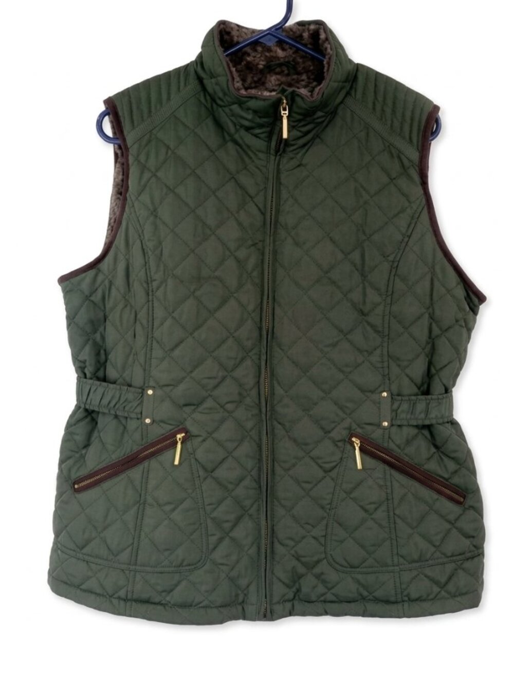 Weatherproof Quilted Olive Green Puffer Vest with Plush Faux Fur Lining SIze XL